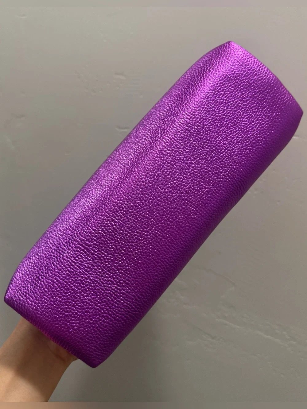 Metallic Purple Pebble Cowhide Handmade Push Lock Boxy Bag, Multi Use Style Bag